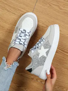 Women's Fashionable Glitter Star Decor Lace Up Sneakers, Casual Breathable Comfortable Sports Shoes, Casual Jogging Shoes, Female All-match Round Toe Shoes for Daily Wear, Footwear