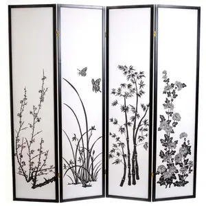 Room Divider 4-panel Bamboo Floral Print Black Frame