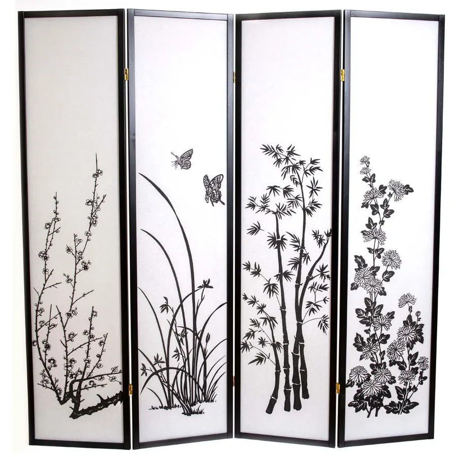 Room Divider 4-panel Bamboo Floral Print Black Frame