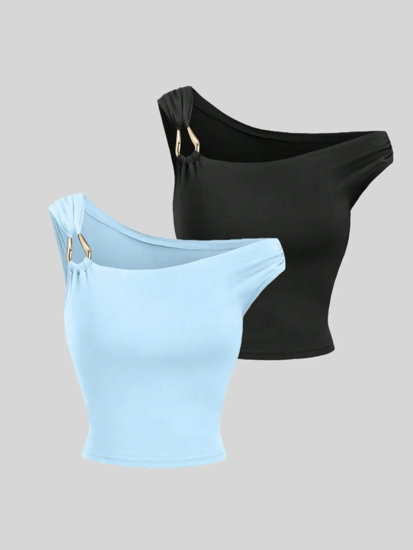 Stylish metal buckle elegant irregular off-shoulder sleeveless vest two-piece set