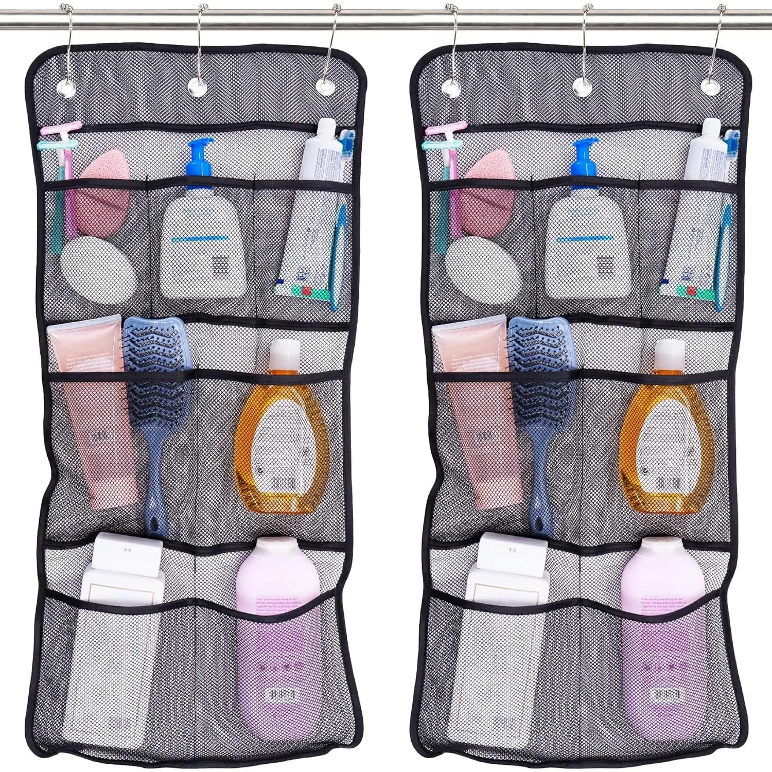2-Pack Black Hanging Multi-Compartment Shower Caddy, Quick-Drying Mesh Bathroom Organizer with 7 Pockets for Shampoo, Soap, Loofah, Cruise Ship Essentials, 14in x 30in