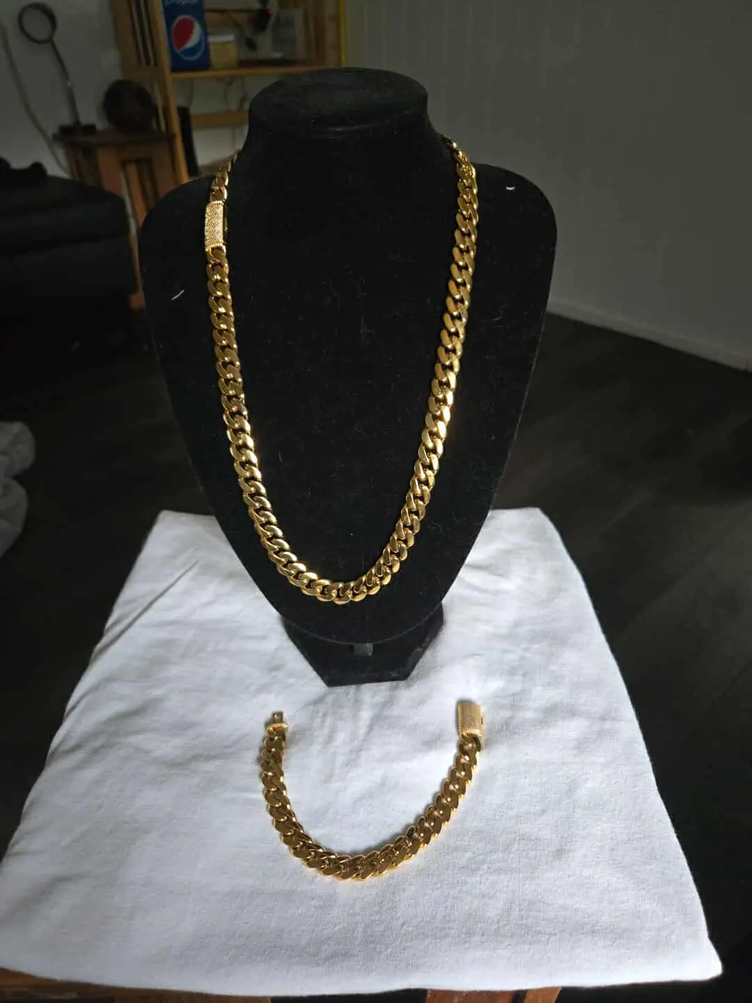 18k cuban link stainless steel set