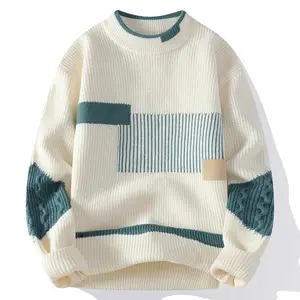 Men's High Neck Knitted Sweater Fashion Patchwork Knitted Pullover Men's Autumn Winter Casual Warm Pullover Sweater for Men