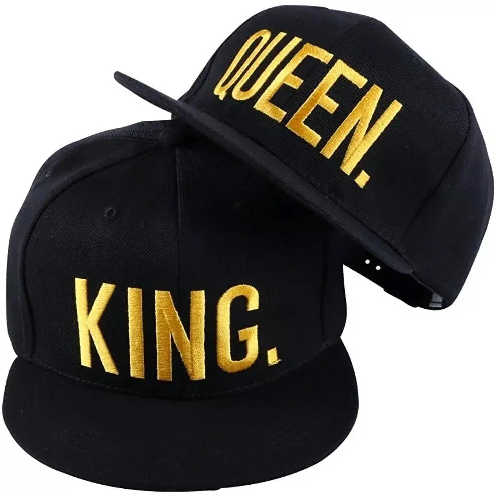 KING & Queen Snapback Hat Flat Brim Baseball Cap - Stylish Black with White/Yellow Letters, Adjustable Unisex Fit for Casual Streetwear & Hiphop Fashion - Perfect Gift for Couples, Best Friend Matching or Personalized Headwear