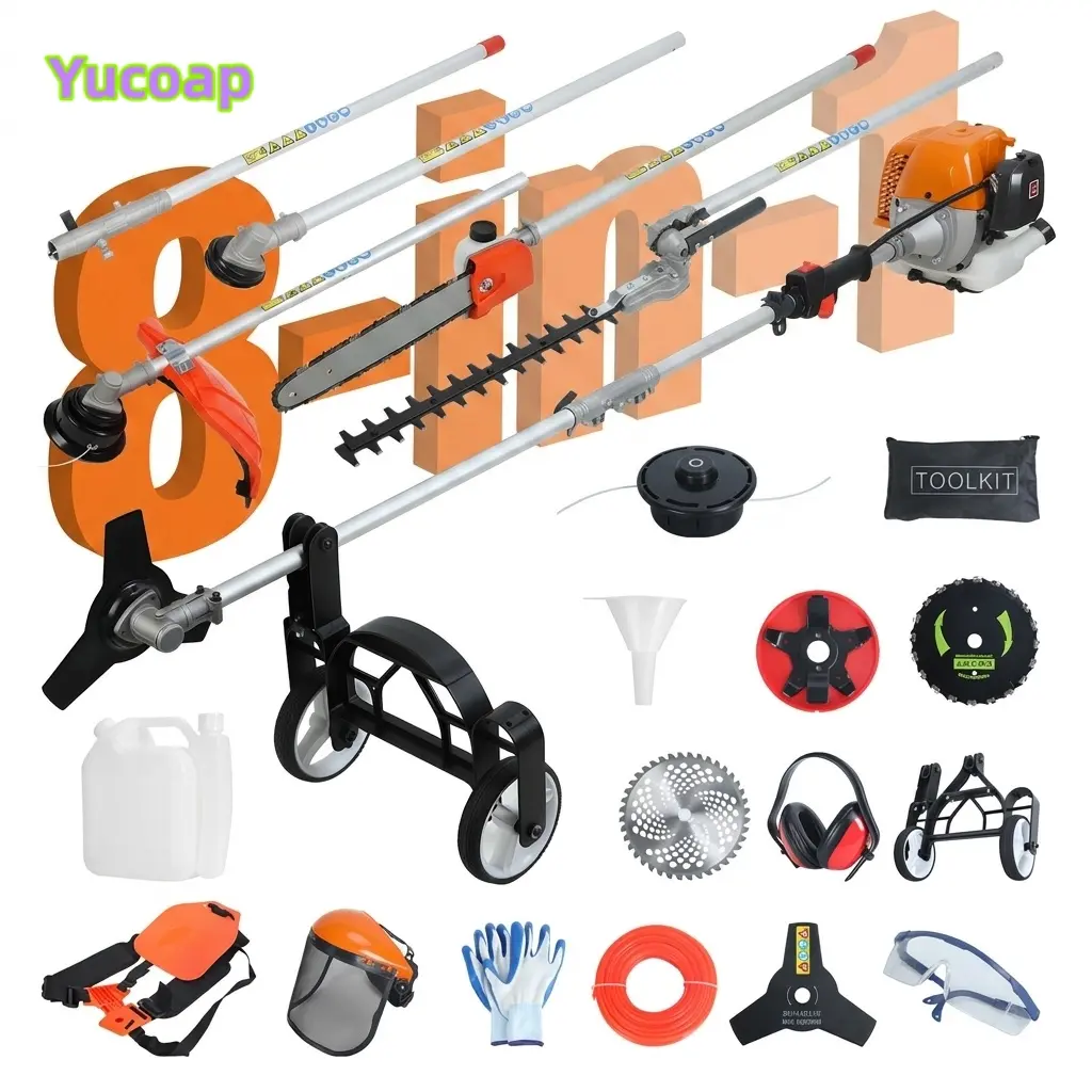 YUCOAP 8-in-1 Multi Functional Gas Trimming Tool, 52CC 2-Cycle Powered Hedge Trimmer Weed Eater String Trimmer Brush Cutter Edger Pole Saw Pruner with Extension Pole steel wire head Wacker