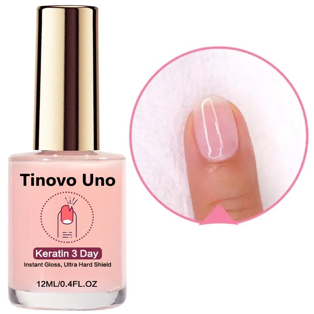 Tinovo Uno Keratin 3 Day Instant Gloss & Ultra Hard Shield - Natural Pink Nail Strengthener, Nail Care Liquid, Nail Care Product, 12ml, Vitamin E Enriched, Alcohol-Free, Fast-Drying Formula for Long-Lasting Shine, No Need UV/LED Lamp