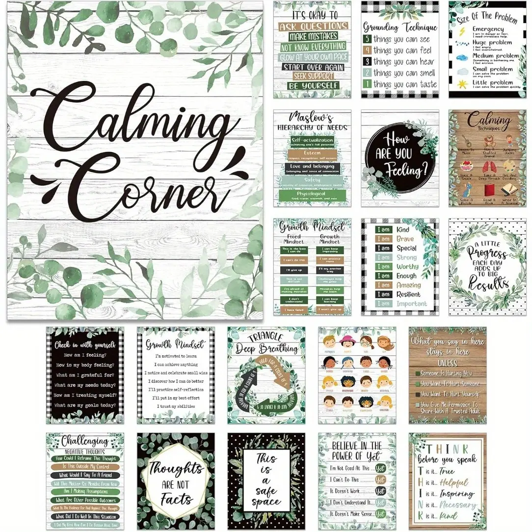 20pcs Frameless Calming Corner Classroom Posters Mental Health Posters Therapy Office Feelings Chart Classroom Supplies Teaching Supplies Charts Home Classroom Decorations for Teachers Elementary Educational Posters Learning Materials 8*10inches