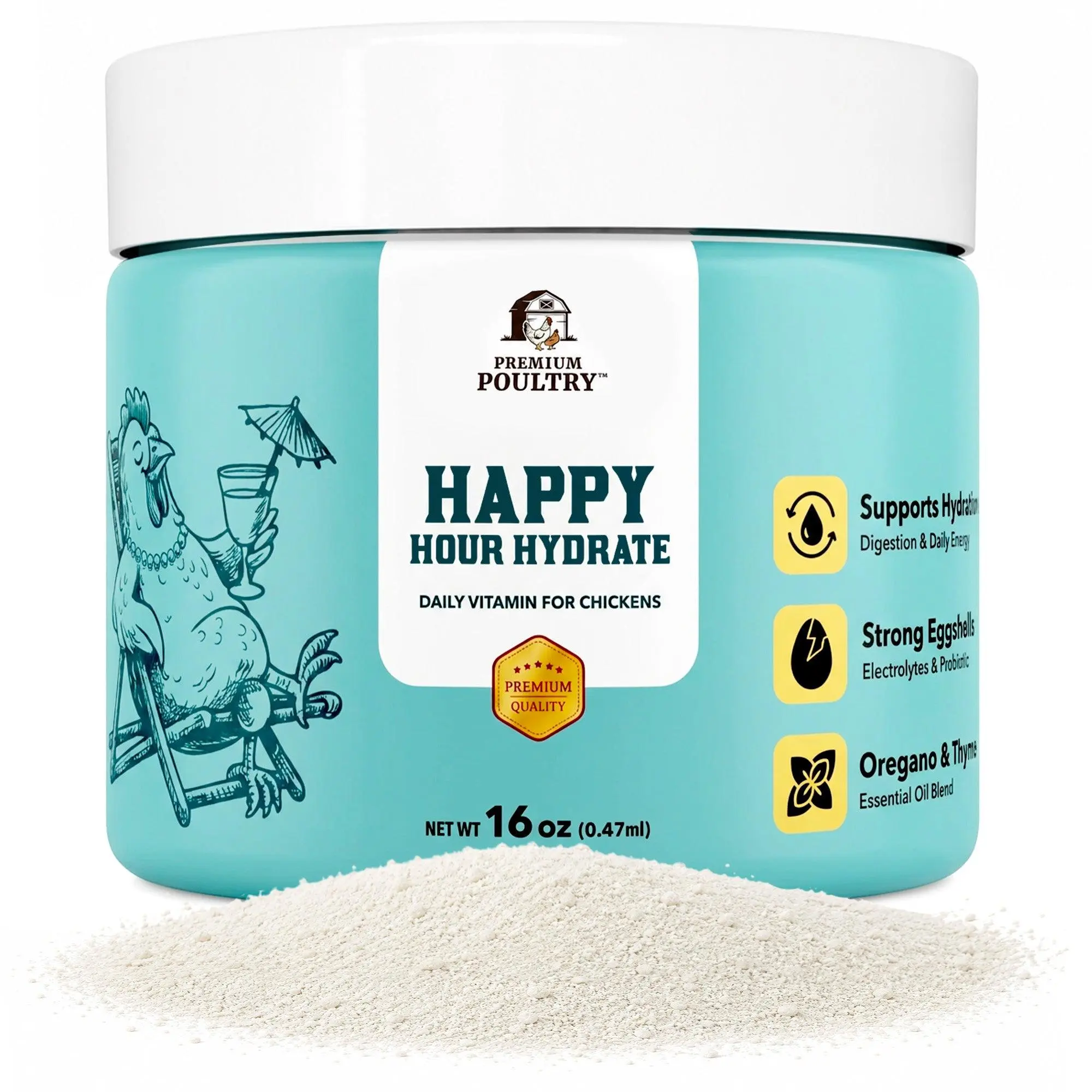 Premium Poultry Happy Hour Hydrate, Electrolytes & Probiotics for Chickens, 16oz
