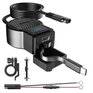 Motorcycle USB fast charger, With switch, waterproof type, with built-in C-port retractable charging cable and USB interface, digital with voltmeter
