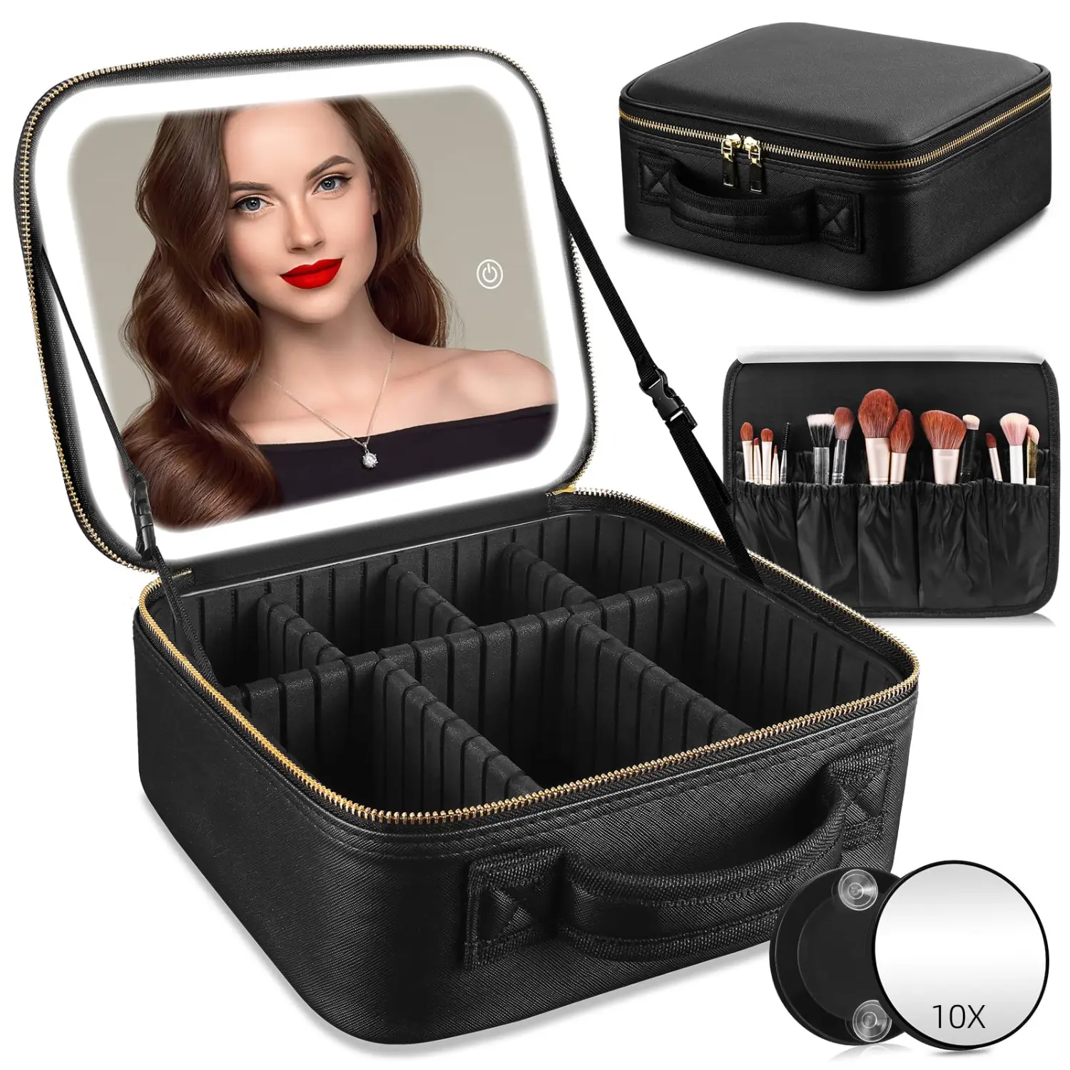 Multi-Function Modern Leather Makeup Storage Bag with LED Lighted Mirror, Adjustable Dividers and Detachable 10x Magnifying Mirror