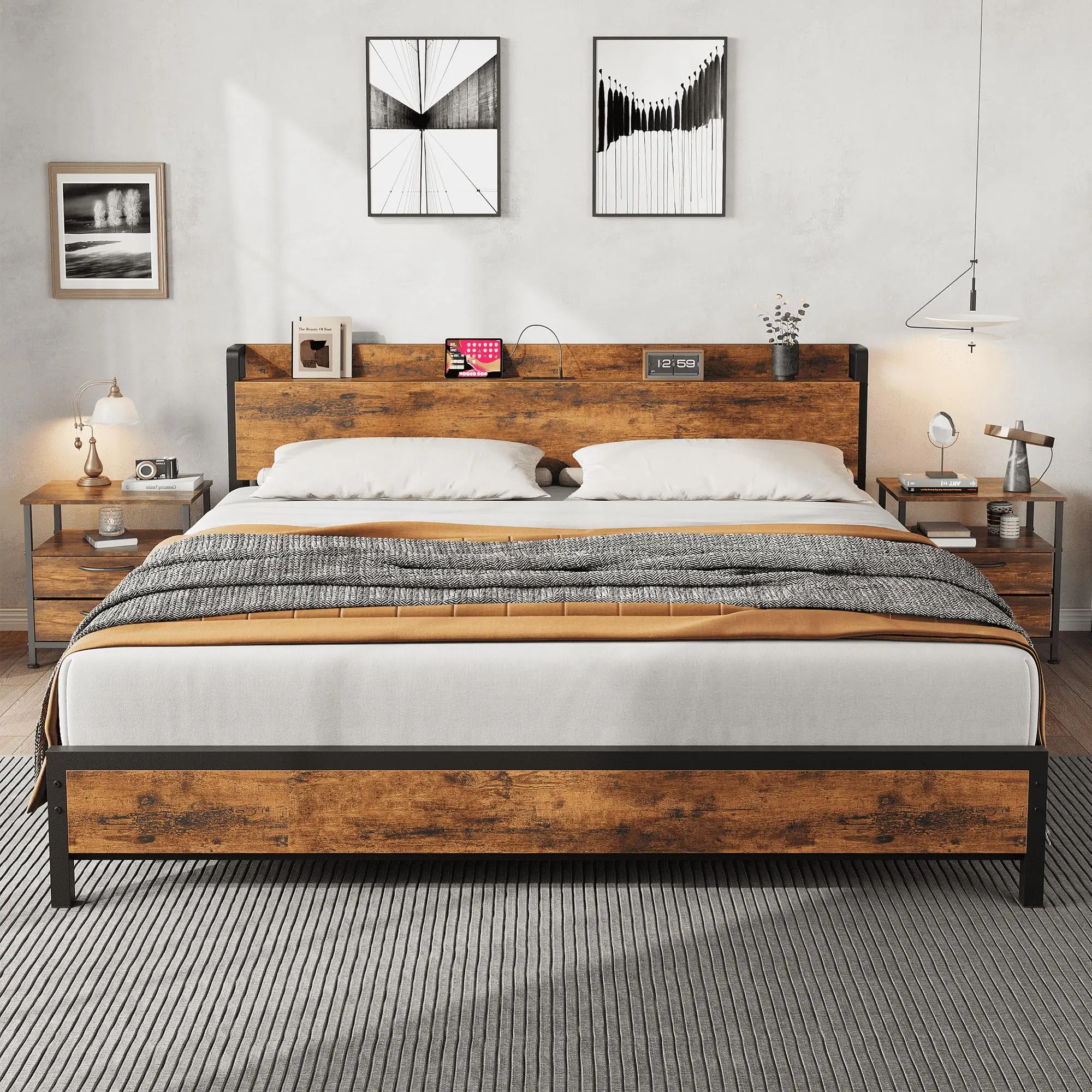 Power your devices right from bed with this King size industrial platform frame. The storage headboard features 2 AC outlets and 2 USB ports, while 12 steel slats and legs support up to 1000 lbs. No box spring needed.