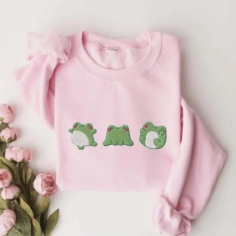 Frogs Sweatshirt, Embroidered Frog Crewneck Sweatshirt, Silly Froggies Shirt, Cute Frogs Sweatshirt, Funny Embroidered Shirt