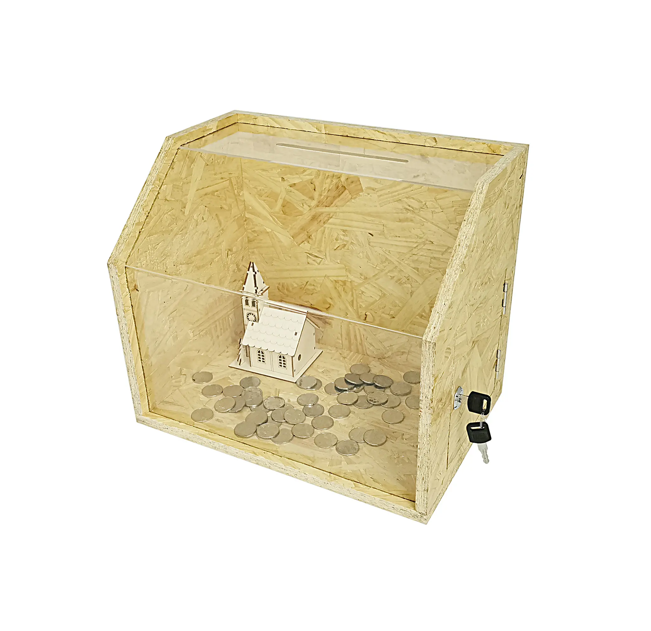 FixtureDisplays® Donation Box Fundraising Church Tithes Offering Building Fund with Lock and Keys, Made from Particle Board Wood Rustic Box Clear Cover 13.9"X9.4"X11.8" 21736-NF