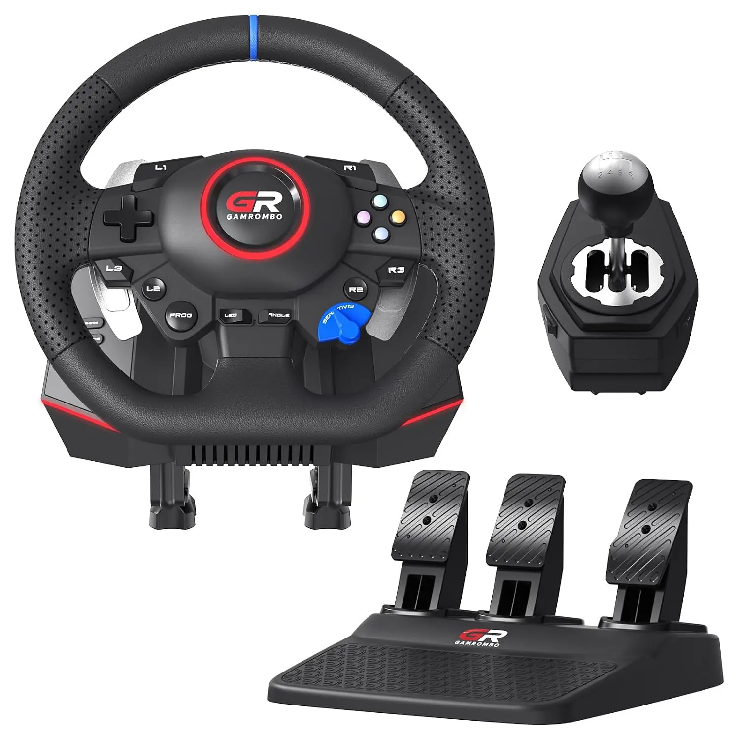 Gamrombo 11in Racing Wheel Set for PS5/PS4/PC | with Hand Stitched Leather,270°/900° Rotation,Dual Vibration,RGB,Prog Remap,Pedal and Shifter