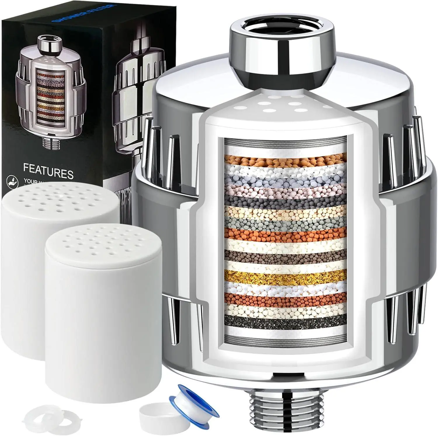 GMOX 20 Stage Shower Filter for Hard Water, Universal Shower Head Water Filter with 2 Replacement Cartridges, High Output Chlorine Fluoride Remover, Tool-Free Install Water Softener Filter for Dry Skin & Hair Care