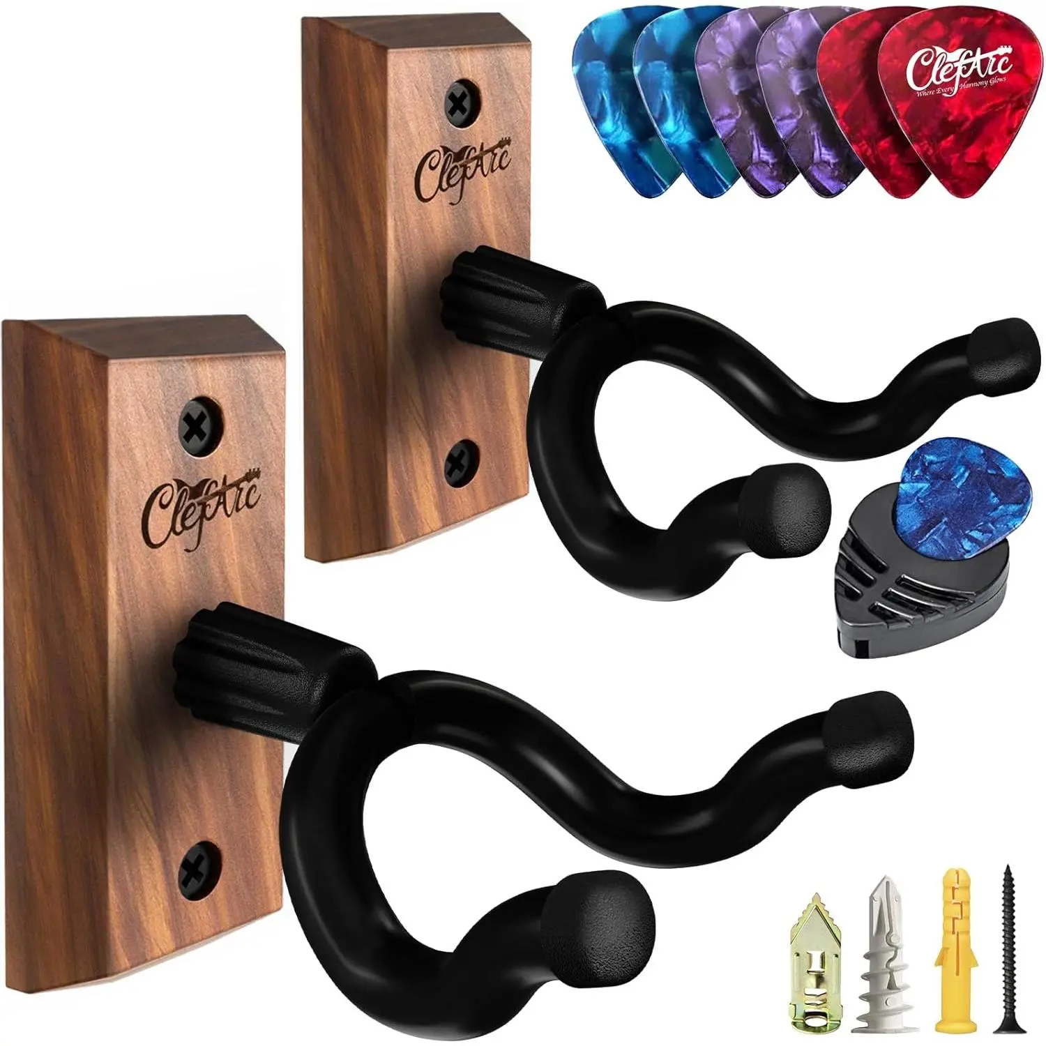 Guitar Wall Mount 2 Pack - U-Shape Guitar Wall Hangers, Guitar Stand Wall, Black Walnut Guitar Hanger, Pick Holder, Gifts for Guitarists, with 6 Assorted Guitar Picks