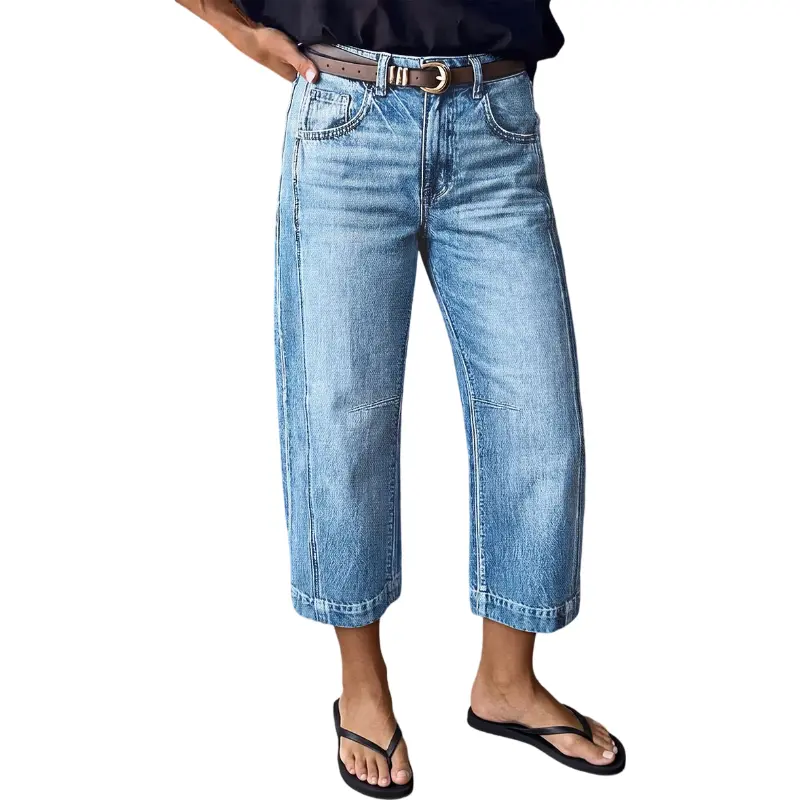 Flamingals Wash Seam Detail High Rise Straight Leg Crop Jeans Without Belt Womenswear Stretchy 23.2" Inseam