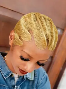 Short Human Hair Wigs for Women, Curly Pixie Cut Wigs, Finger Ocean Wave, Non Lace Full Machine Made, Glueless Pixie Wig, Glueless Ready to Wear Wig