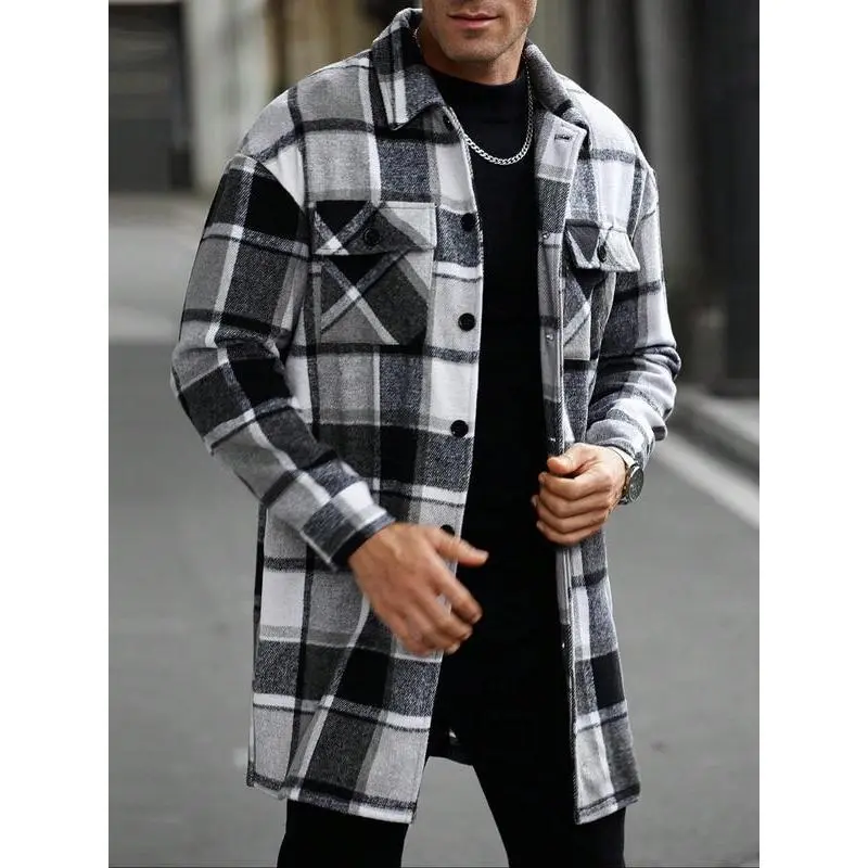 KZZ Men's Classic Plaid Long Sleeve Trench Coat - Buttoned Lapel, Lightweight Fabric, Loose Fit, Front Button Pockets, Casual Menswear Tops Clothes for Spring & Autumn