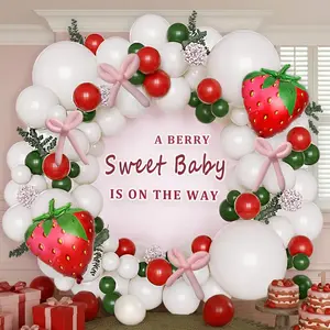140Pcs Strawberry Balloon Garland Kit Red White Green DIY Pink Bow Baby Shower Birthday Decor