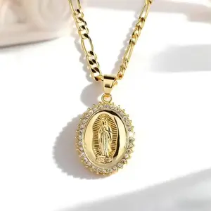 14K Gold Plated Virgin Mary Necklace - Virgen De Guadalupe Mother Mary Our Lady of Guadalupe Pendant Amulet for Women Jewelry Gift 22 inches