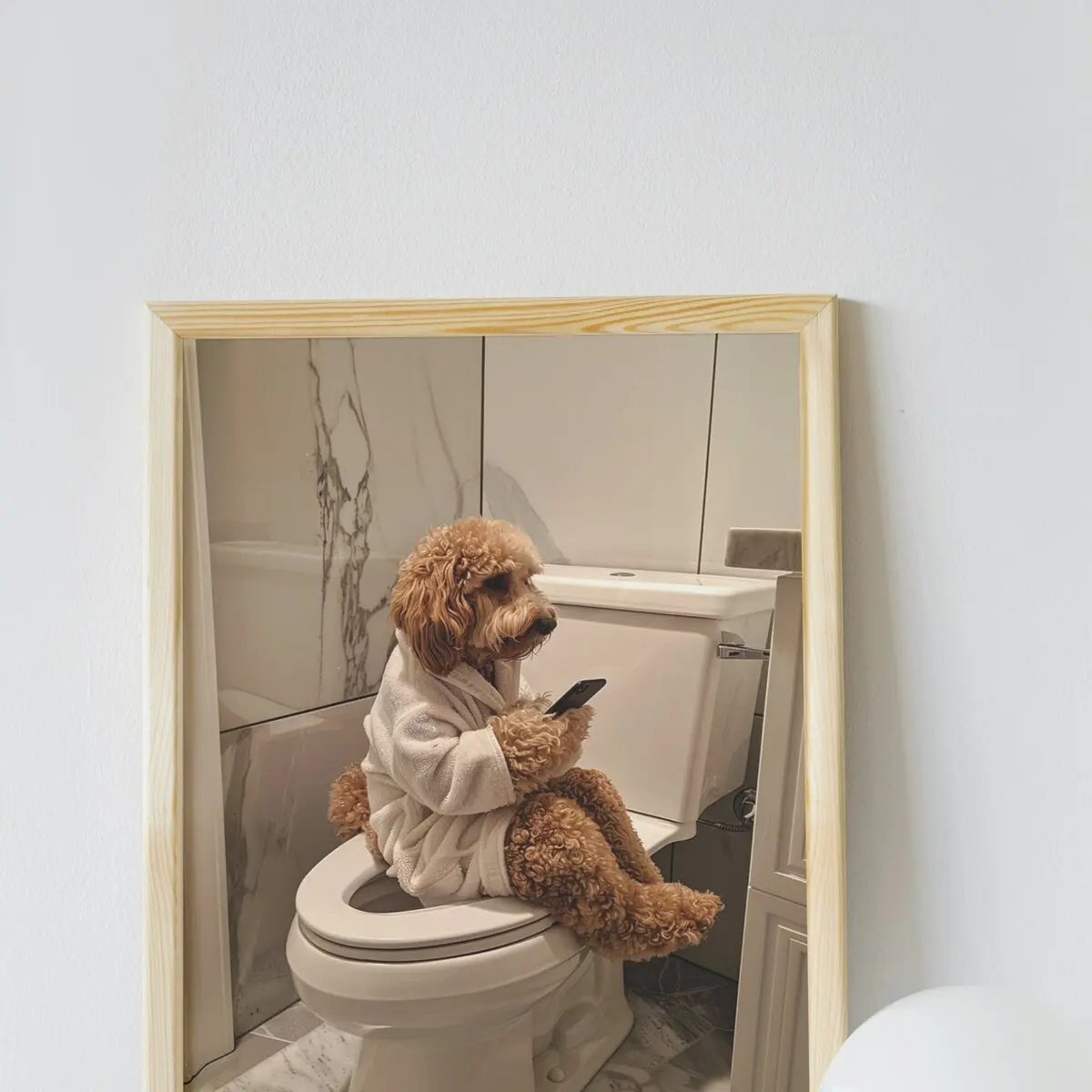 Goldendoodle Bathroom Wall Art, Funny House Decor Print, Goldendoodle Sitting on the Toilet in a Robe with Phone, Room Decor, Unframed