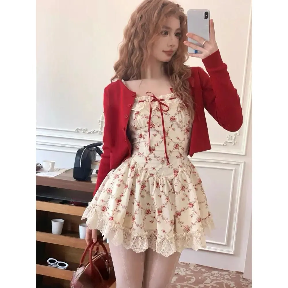 Women's 2025 New Sweet Floral 2-Piece Womenswear Set - Long-Sleeve Red Short Cardigan, Lace Y2k Spaghetti Strap Mini Dress, Casual Korean Beach Gamis