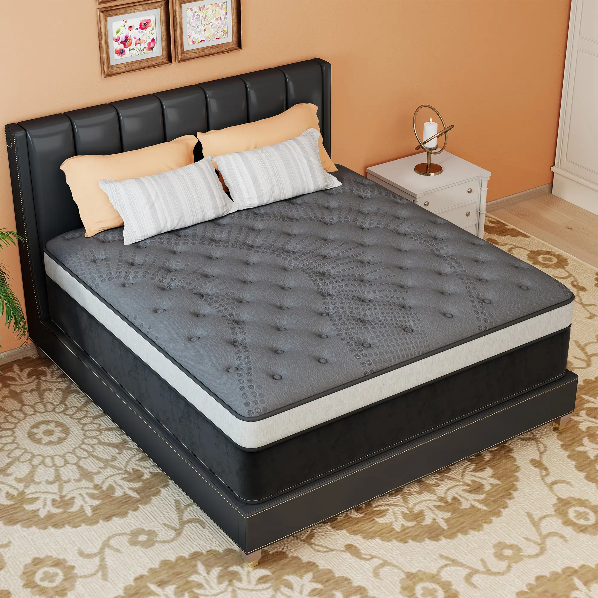 MULINATURE Hybrid Mattress in a Box, King Size Medium Firm, Fiberglass-Free Memory Foam & Pocket Springs for Pressure Relief and Better Sleep,Black/Grey