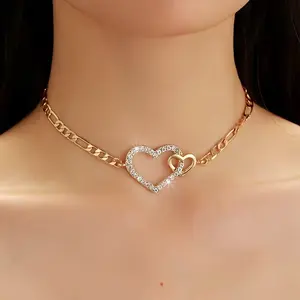 Interlocking Double Heart Choker Necklace Gold Paperclip Chain CZ Crystal Accents Romantic Love Jewelry for Women Perfect Gift for Her