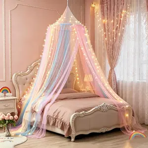 Rainbow Bed Canopy, Ceiling Hanging Dome Mosquito Net, Mesh Netting, Princess Style Bed Curtain, Bedroom Decor for Twin, Queen, King Beds