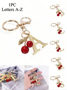Gold letter keychain, Keychain jewelry, Initial keychain, 3D letter tags A-Z, cherry accessory, stylish alloy keyring, bag and backpack charm, perfect everyday accessory for women, suitable as a gift for friends, family, special occasions