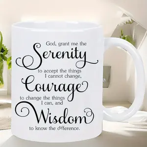 11oz Inspirational Ceramic Coffee Mug with Serenity Courage Wisdom Scripture Quote - Elegant White & Black Design, Reusable Dishwasher Safe Mug, Perfect Gift for Men & Women, Durable Coffee Bar Accessories, Coffee Lover Gifts, Motivational Drinkware, Soph