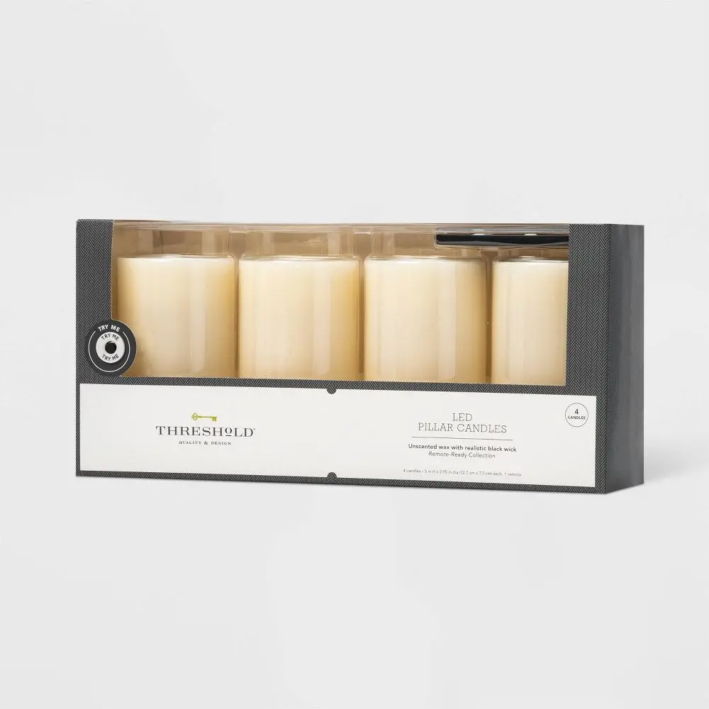 4pk Threshold 5" x 3" LED Flameless Black Wick Pillar Candle White & Remote