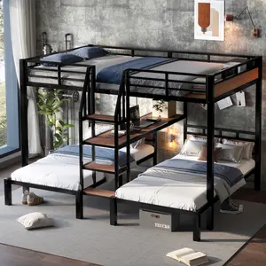 Triple Bunk Bed Queen over Twin over Twin Metal Bunk Bed ,Heavy-Duty metal bunk bed Frame with Storage shelves and storage stairs, Noise Free,Black