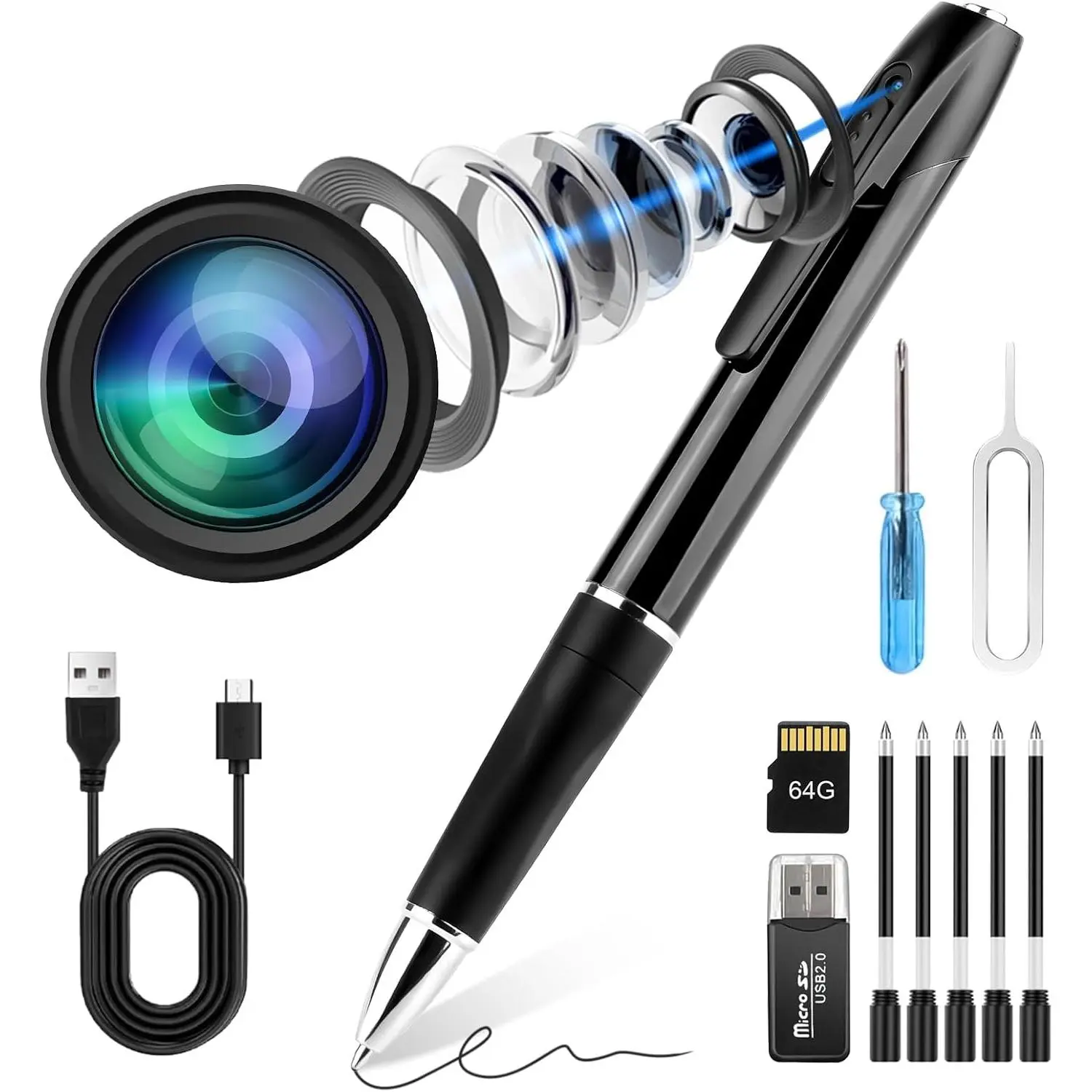Mini Spy Camera Pen 1080P Full HD Video Recorder with 64GB Card,Hidden camera USB Charging, Security Surveillance Camera