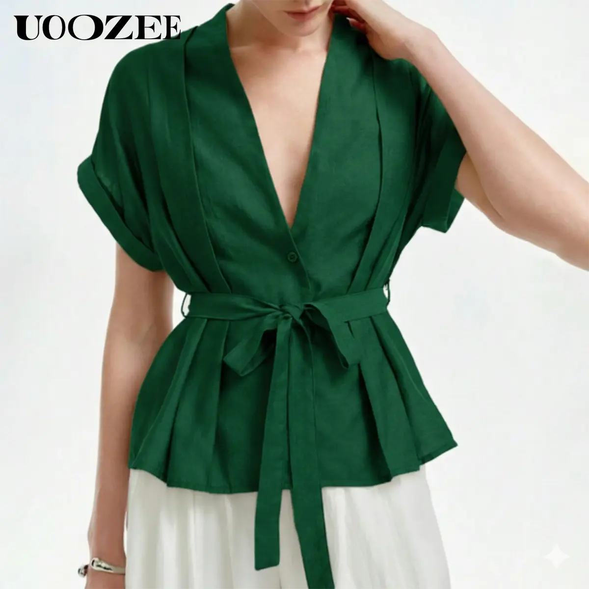 UOOZEE Women's Basic Soft Feminine Minimalist Shortsleeve Solid V-Neck Tie-Waist Flared Peplum Blouse - Breathable Polyester Fabric Top with Belt, Strappy Style, for Casual/Streetwear (Size Up 1 for C-Cup+),back to school,back to school shopping, Lightwei