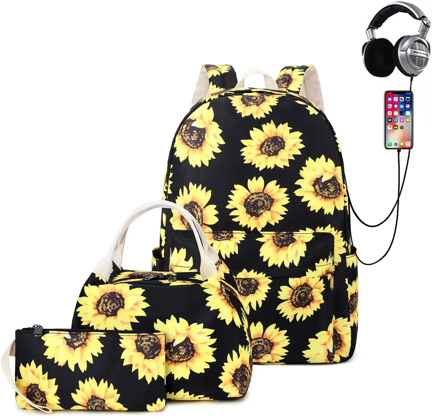 Women's and Girls' Backpack Waterproof with Matching Insulated Lunch Bag and Pencil Pouch; USB Cord Included; Beautiful Sunflower Pattern