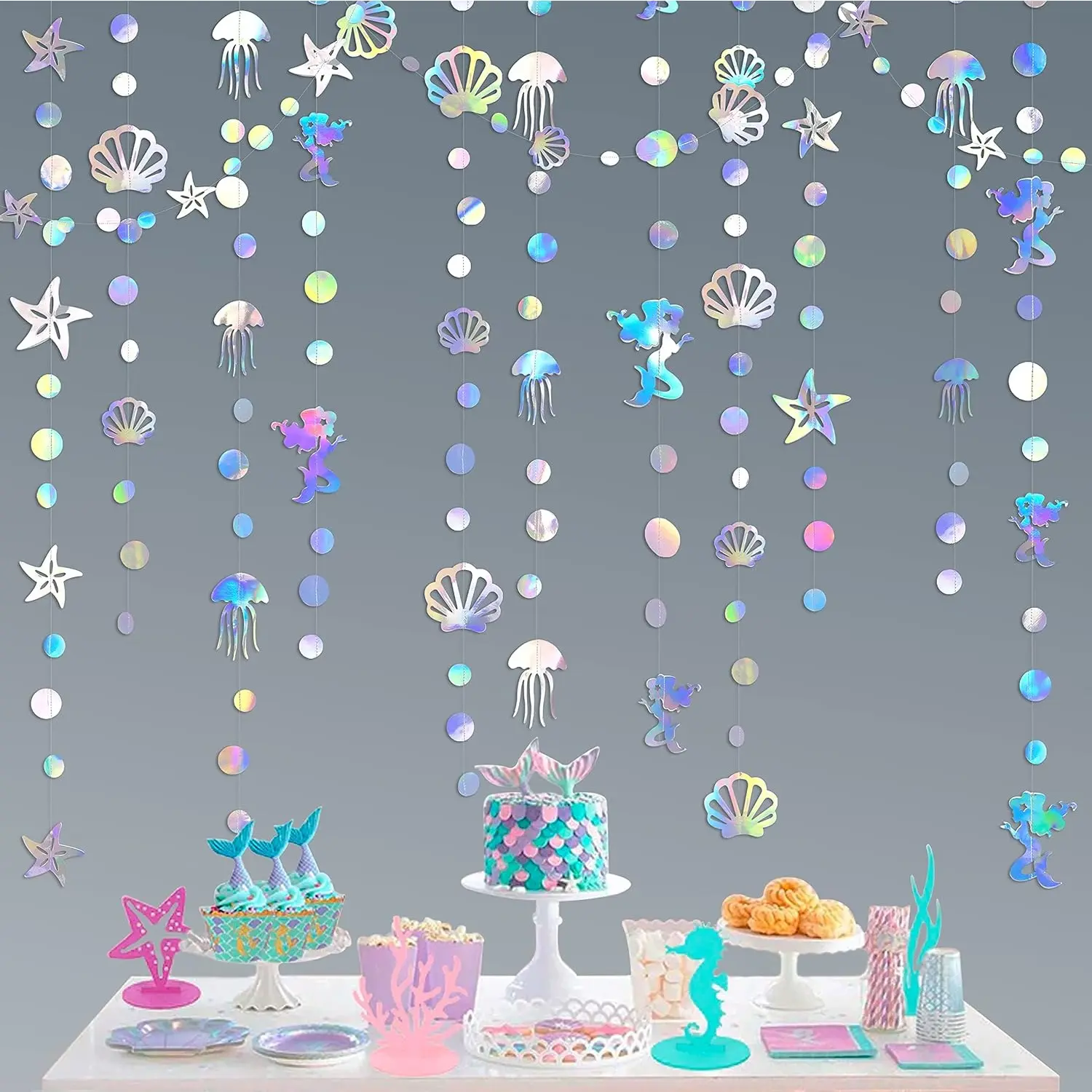 40 Ft Iridescent Garland with Jellyfish Seashell Starfish Pearl Holographic Paper Streamer for Little Rainbow Theme Birthday Bachelorette Under The Sea Party Decorations