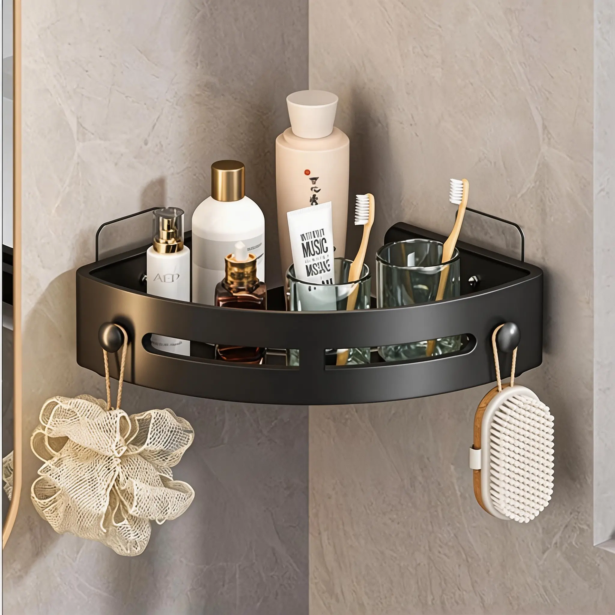 Corner storage rack for the bathroom, no drilling required, hole-free shampoo rack neatly stores bath products, bathroom storage and organization, Bathroom Organizer, space-saving design, durable structure, bottle rack, adhesive rack