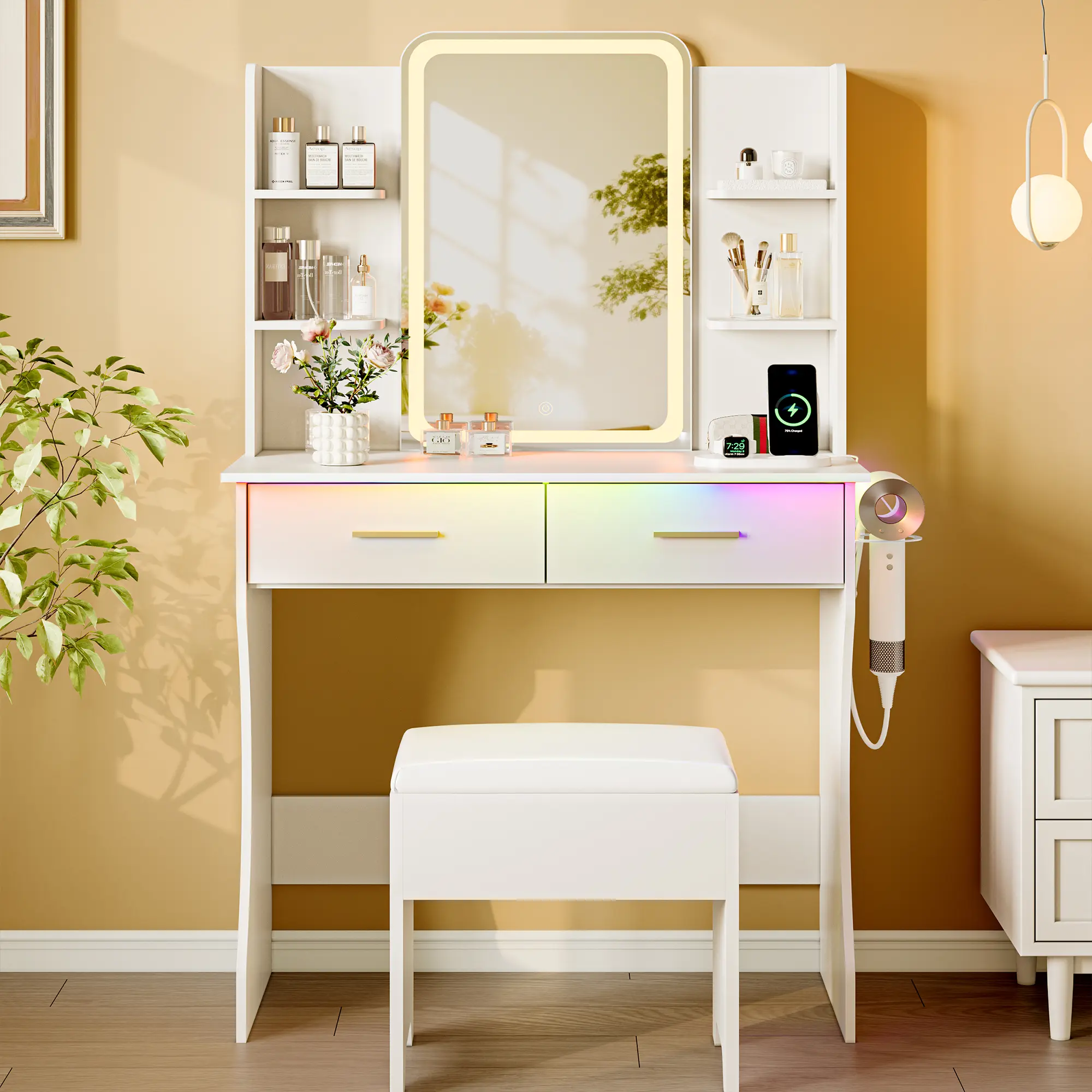 Wood Makeup Vanity Desk Set - Furniture with RGB Lights, Lighted Mirror, 2 Deep Drawers, 1" Thick Top, Power Outlet, Chair & Storage, 3 Lighting Color Adjustable Father's Day Gift Idea
