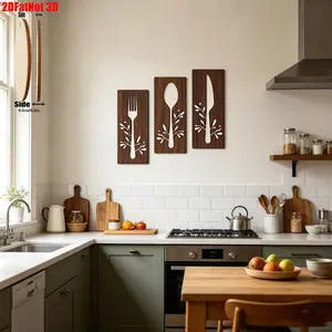 3 Piece Wooden Kitchen Wall Decor, Fork Spoon Knife Art, Rustic Silhouette Artistic Kitchen Wall Signs, Dining Room Home Decor