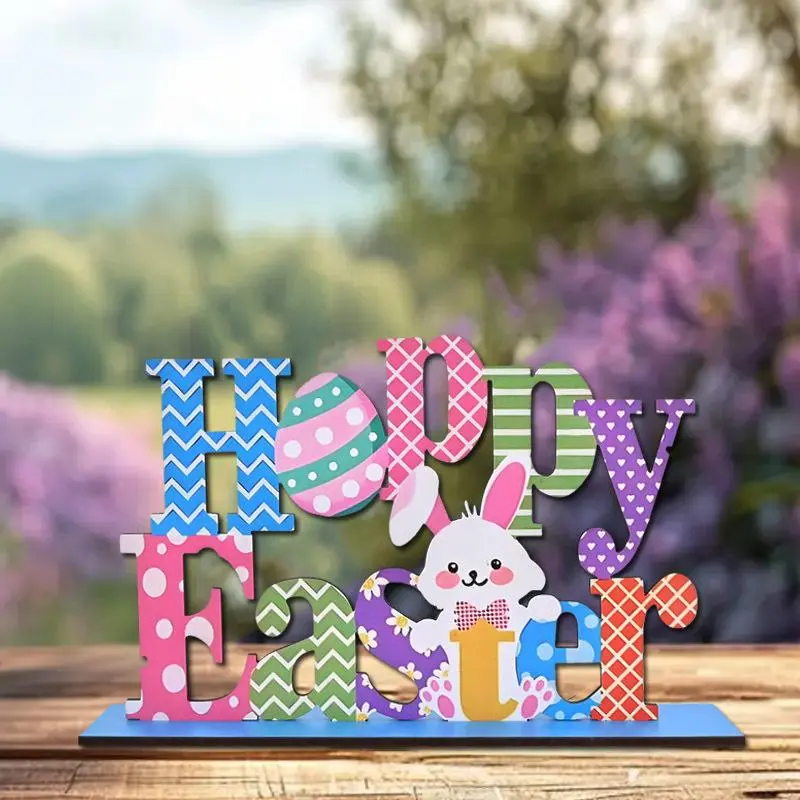Happy Easter Wooden Home Sign, Colorful Easter Rabbit & Egg Design Tabletop Decoration, Spring Festive Stand Sign, Tabletop Centerpiece Decor for Party Office, Ornaments