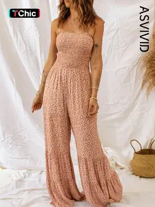 Women's Ditsy Floral Print Shirred Ruffle Hem Wide Leg Cami Jumpsuit, Boho Tie Shoulder Sleeveless Jumpsuit for Beach Holiday Vacation, Ladies Summer Clothes