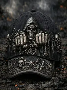 Gothic Death God 3D Baseball Hat, Skull and Chain Metal Effect, Adjustable Casual Sun Hat, Punk Style, Halloween Cosplay Gift