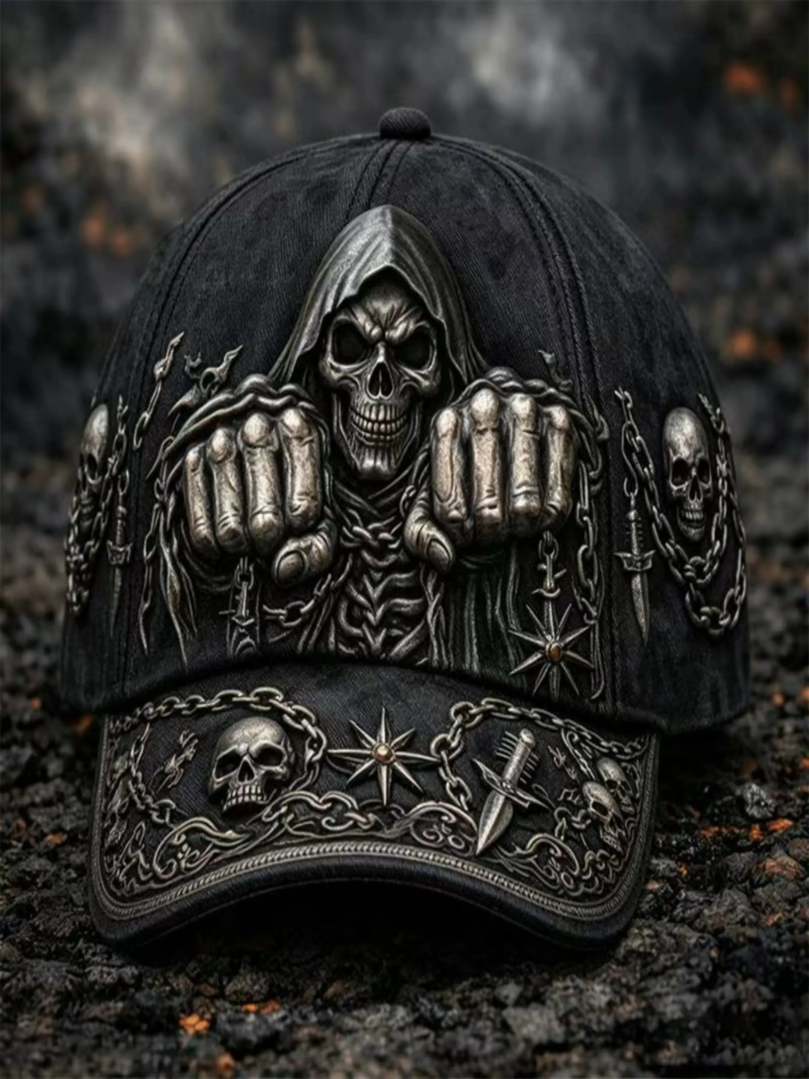 Gothic Aesthetic Death God 3D Baseball Cap, Graphic Hats, Skull and Chain Metal Effect, Adjustable Casual Everyday Wear Sun Hat, Punk Style, Halloween Cosplay Gift