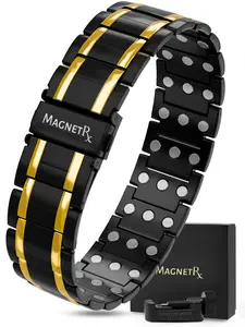 MagnetRX 3X Strength Titanium Magnetic Bracelet for Men (Black & Gold) - 57 Neodymium Magnets Fold-Over Clasp - Waterproof, Hypoallergenic, Sizing Tool & Gif Box