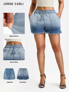 JORGE CARLI  Women's Elastic Waist Summer Cool Shorts, Frayed Edge Design, Fashionable and Versatile, Perfect for Casual Wear