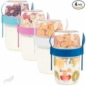 4 Pack On The Go 22 oz Breakfast Cups with Lids and Spoon, Reusable Cereal Yogurt Cup with Topping Plastic Overnight Oats Container for Granola Oatmeal (22 oz - 4 Pack)