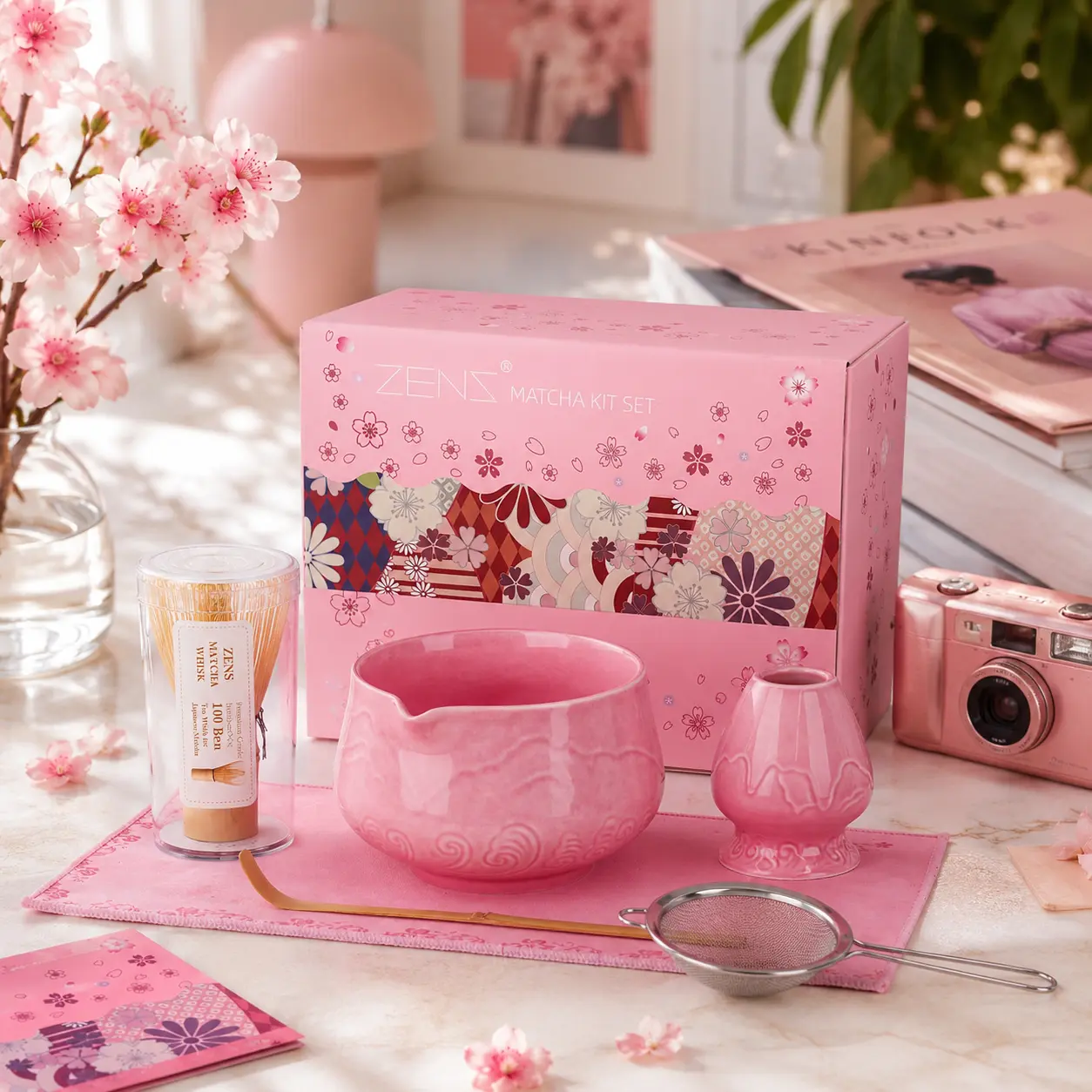ZENS Pink Carved Matcha Set  Summer Ready. Whisk, Strainer & Gift - worthy Box