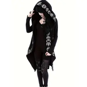 GothicWitchcraftPatternHoodedCardiganforWomen,LongSleeveswithHoodCollarFabricTopsVintage